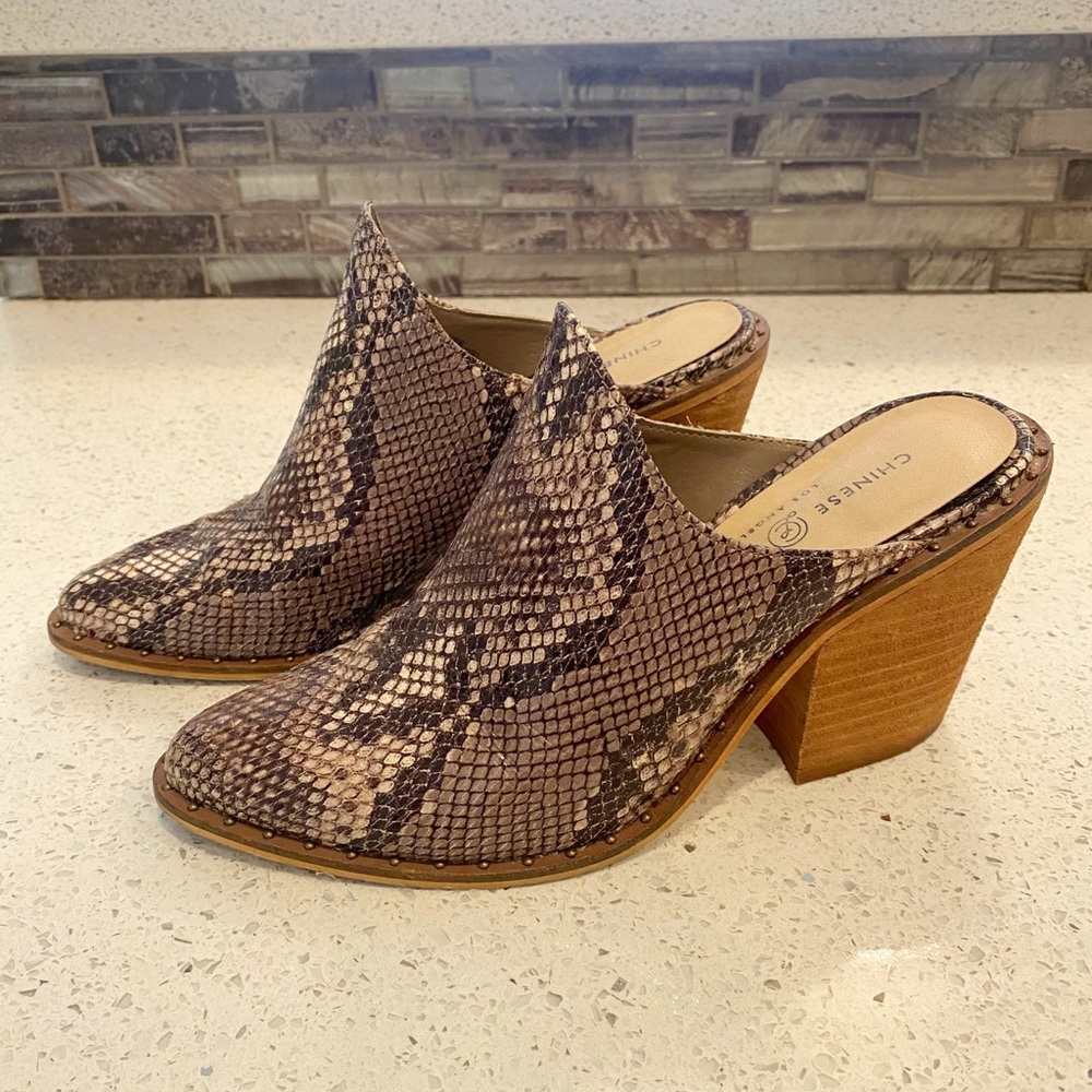 Chinese Laundry Snake Print Heeled Mules